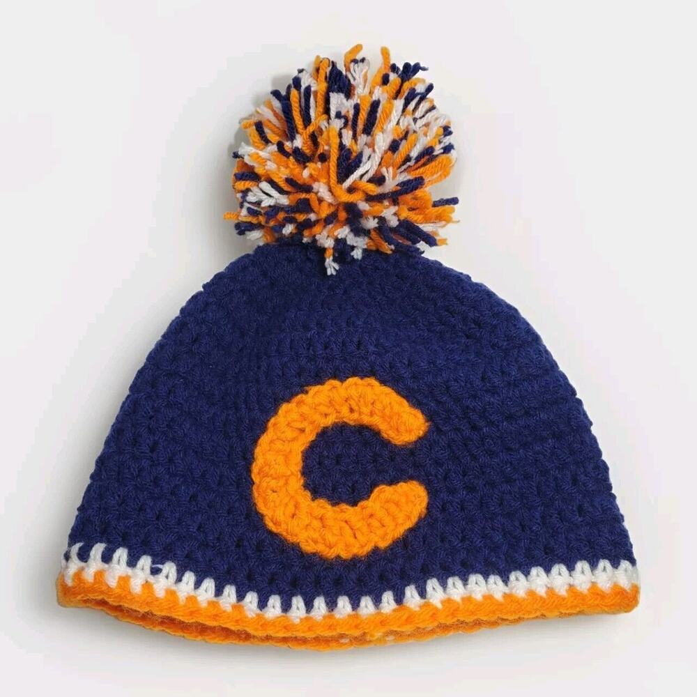 Chicago Bears Handmade Hat Cap Pom Pom Beanie Orange Blue Knit Crochet NICE